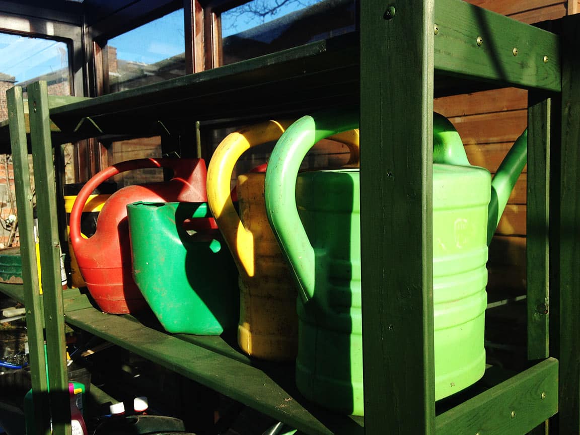 watering cans in greenhouse